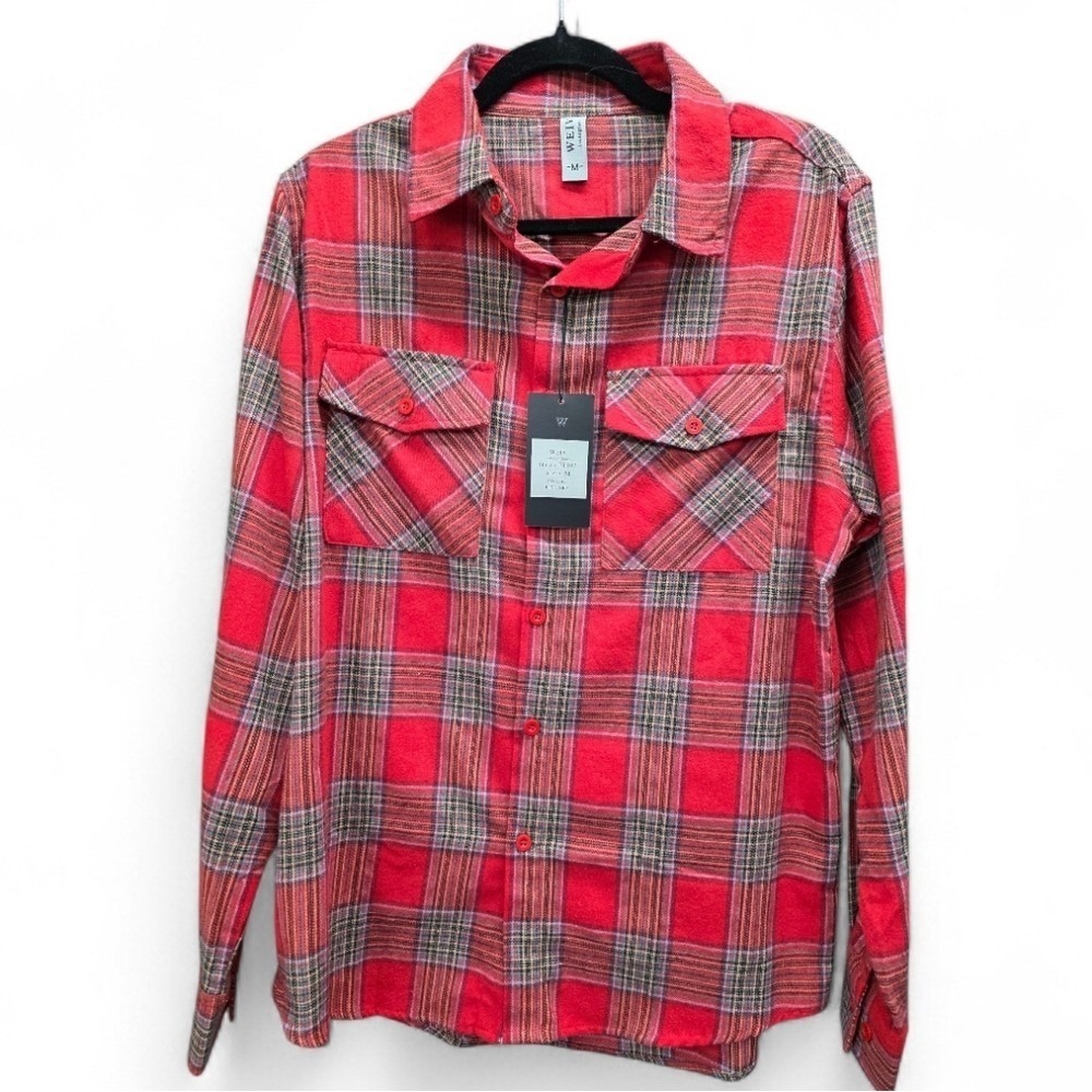 NWT WEIV LA Red Plaid Flannel Button Up Shirt Cotton Blend Streetwear M Grunge - Picture 2 of 8